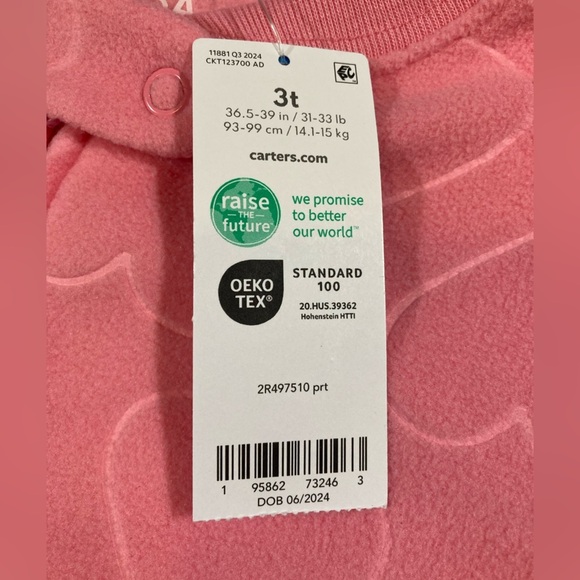 Carter’s One Piece Fleece Footed Girls Toddler Sleeper Size 3T Pink Hearts - Picture 3 of 9